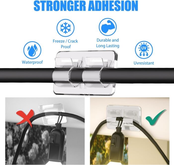 Hooks for Outdoor String Lights Clips: 25Pcs Heavy Duty Cable Clips with Waterproof Adhesive Strips for Hanging Christmas Light - Image 2