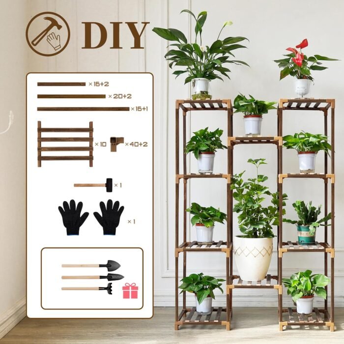 Uneedem Plant Stand Indoor Outdoor, Tall Plant Shelf for Multiple Plants, 10 tiers 11 Pot Large Plant Rack Wood Plant Holder Plant Shelves for Room Corner Balcony Garden Patio - Image 6