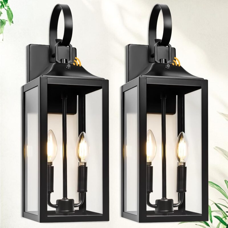 Black Dusk to Dawn Outdoor Wall Lantern 2-Light, 19" Large Outside Modern Wall Sconce Light Fixture, Industrial Porch Light Wall Mount with Glass, Waterproof Farmhouse Exterior Lamp Lighting, 2 Pack