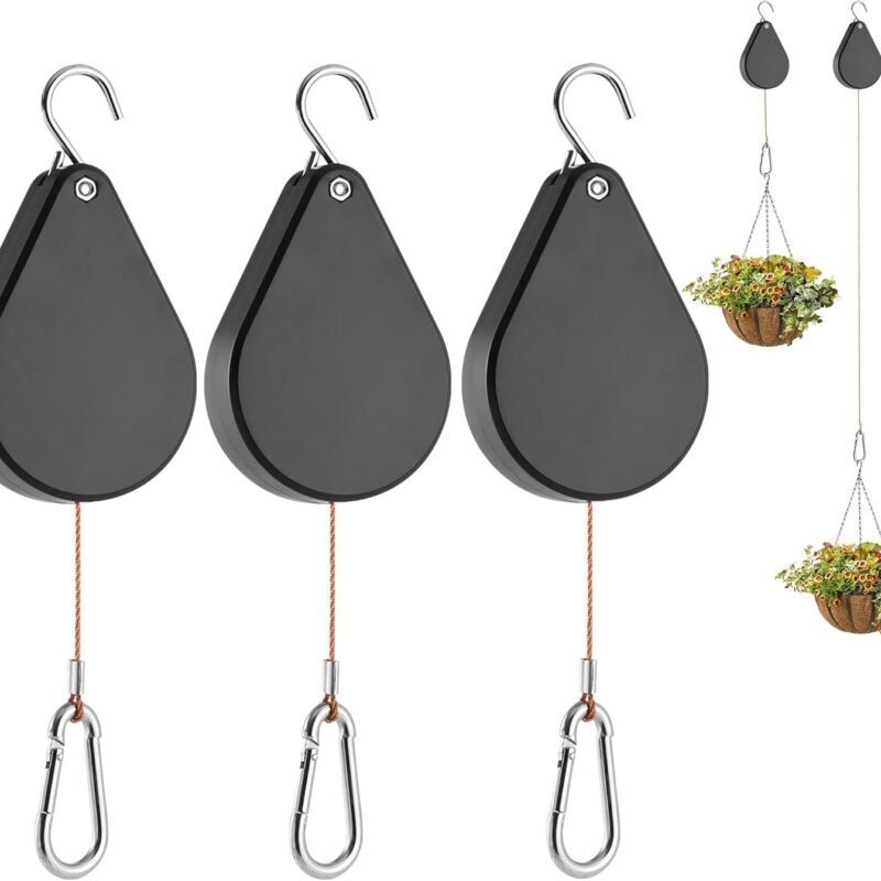 Upgraded Retractable Plant Hanger,Plant Pulleys for Hanging Plants,Easy to Raise and Lower,Auto Lock,Heavy Duty, Adjustable Hook for Garden Baskets Pots,Birds Feeder,(3Pcs,Black)