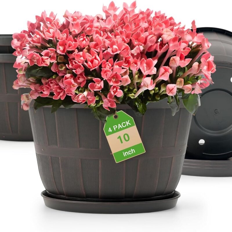 Quarut 10 inch Plastic Flower Pots for Indoor Plants,4 Pack Large Outdoor Planter Pot with Drainage Holes & Saucers,Imitation Wine Barrel Design,for Indoor Outdoor Garden Plants(Brown)