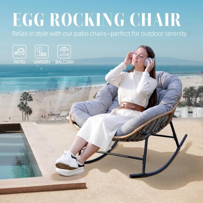 Oversized Patio Rocking Chair, Papasan Rocking Chair Indoor Outdoor Use, Lounge Chair with Cushion, Egg Rocker Chairs, Comfy Reading Chairs for Bedroom, Living Room, Garden, Lawn, Grey - Image 7