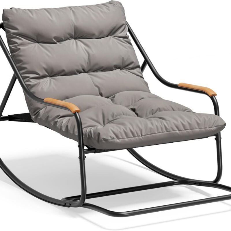 YITAHOME Patio Oversized Rocking Chair, Versatile Indoor/Outdoor Textilene Lounge with Soft Thick Cushion, Teak Armrests and Footrest, Perfect for Living Room, Porch, or Backyard