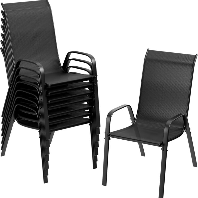 TLSUNNY Patio Chairs, Stackable Textilene Outdoor Dining Furniture for All Weather, with 17.7″ Wide Seat & Metal Frame, for Garden, Backyard, Deck, Restaurant, Poolside (Black, Set of 8)
