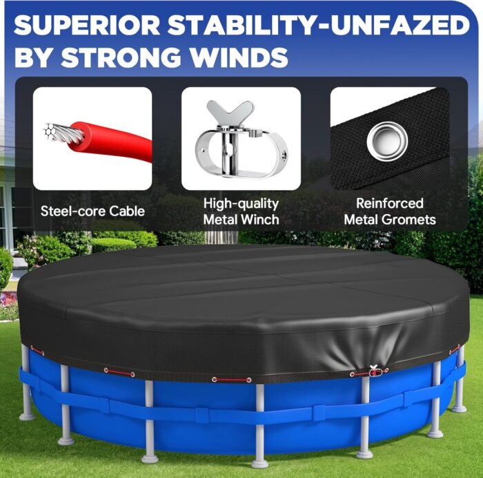 12Ft Round Pool Cover, Upgraded 420D Heavy Duty Oxford Fabric Pool Covers for Above Ground Pool with Winch and Cable, All Season Inflatable Pool Cover for UV Resistant, Waterproof and Dustproof - Image 6