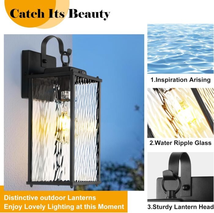 2-Pack Dusk to Dawn Outdoor Lighting with Water Ripple Glass, IP65 Waterproof Matte Black Front Porch Lights Photocell Sensor Exterior Light Fixtures Outdoor Wall Sconces Coach Lights - Image 6