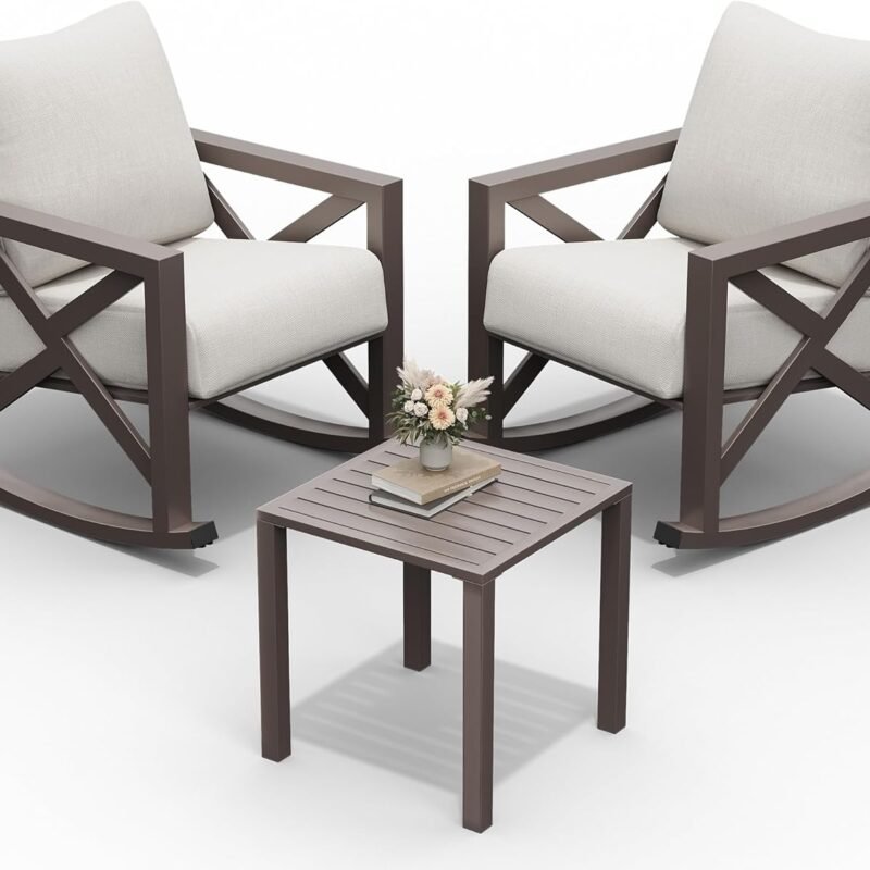 UDPATIO Rocking Chair Outdoor Set 2 with Coffee Table, 3 Piece Metal Rocking Bistro Set with 6.5" Water-Resistant Cushions, Oversized, 350lbs Heavy-Duty, for Porch, Patio, Balcony, Beige