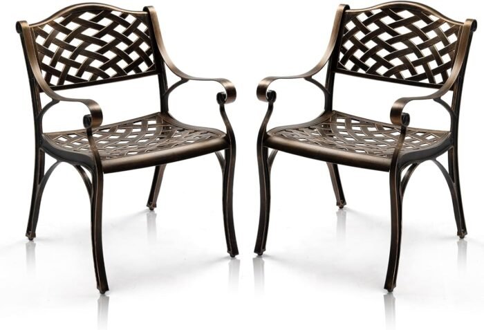 VINGLI Outdoor Dining Chairs Set of 2, Cast Aluminum Patio Chairs, All-Weather Aluminum Outdoor Chairs Patio Furniture for Porch, Bistro, Backyard and Balcony Bronze