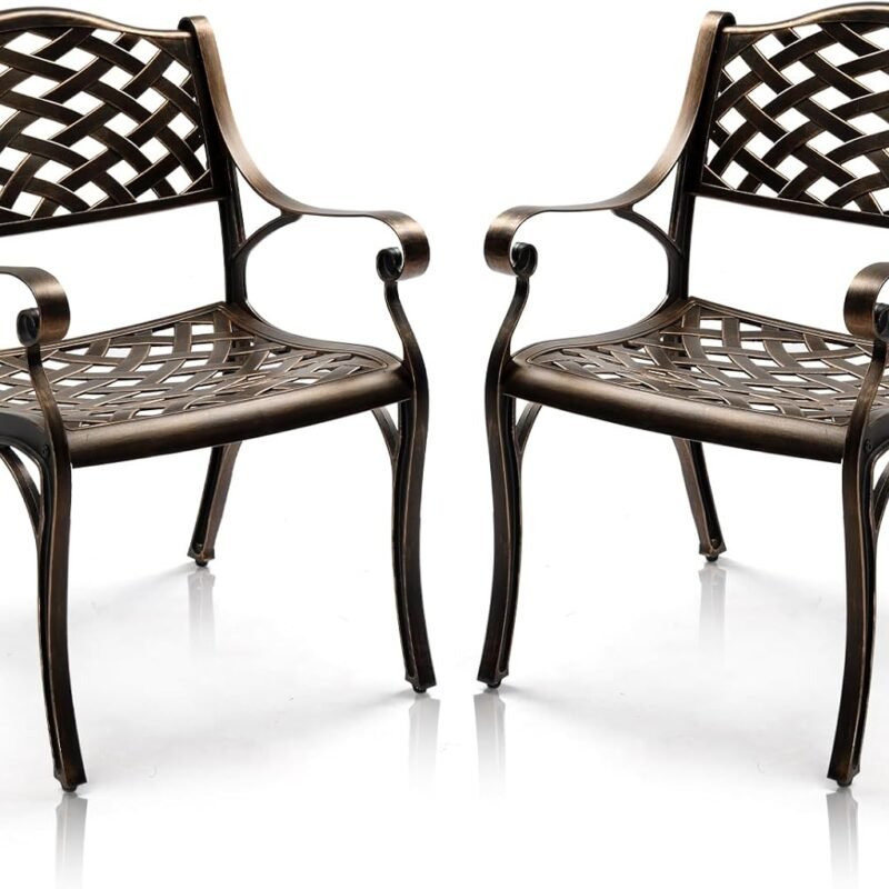VINGLI Outdoor Dining Chairs Set of 2, Cast Aluminum Patio Chairs, All-Weather Aluminum Outdoor Chairs Patio Furniture for Porch, Bistro, Backyard and Balcony Bronze