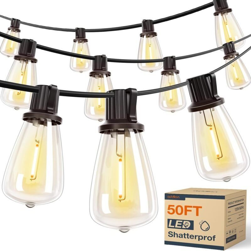 addlon 50FT LED Outdoor String Lights with 16 Shatterproof ST38 Bulbs, Commercial Grade Patio Light, Vintage Outside Hanging Waterproof, Outdoor Connectable for Garden Porch Backyard Balcony