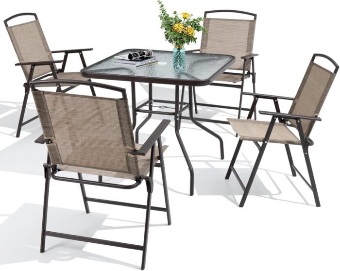 Crestlive Products 5 Piece Patio Dining Set with 4 Folding Chairs and Table Outdoor Dining Furniture with Square Glass Tabletop, Umbrella Hole for Bistro, Garden, Backyard, Deck (Beige) - Image 7