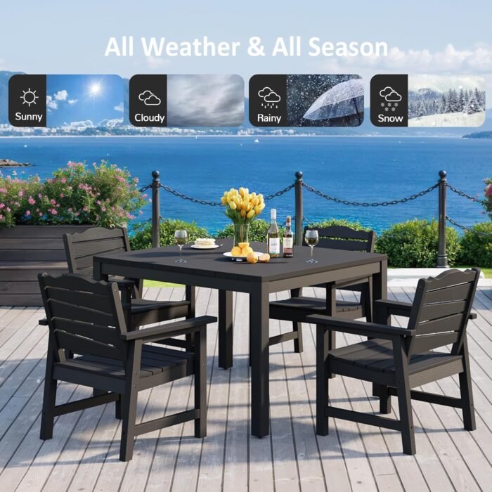 5-Piece Patio Dining Sets, Outdoor Dining Table w/Aluminum Frame and 4 Chairs, Weatherproof HIPS Dining Furniture Set with Umbrella Hole, for Backyard, Garden, Lawn, and Poolside, Black - Image 4
