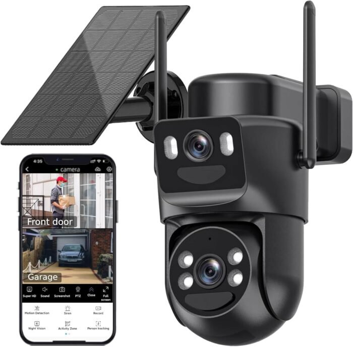 6MP Solar Security Camera Wireless Outdoor, 2.4ghz & 5ghz WiFi, Fixed & Rotating Dual Lens 2-in-1 Home Security Camera with Color Night Vision, Auto Tracking, Human Detection, Spotlight Siren