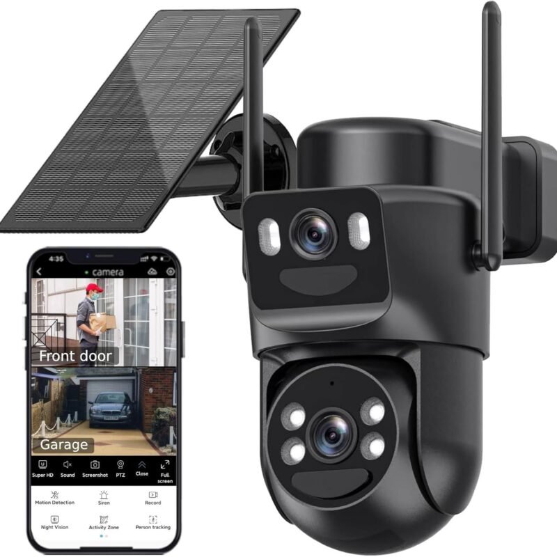 6MP Solar Security Camera Wireless Outdoor, 2.4ghz & 5ghz WiFi, Fixed & Rotating Dual Lens 2-in-1 Home Security Camera with Color Night Vision, Auto Tracking, Human Detection, Spotlight Siren