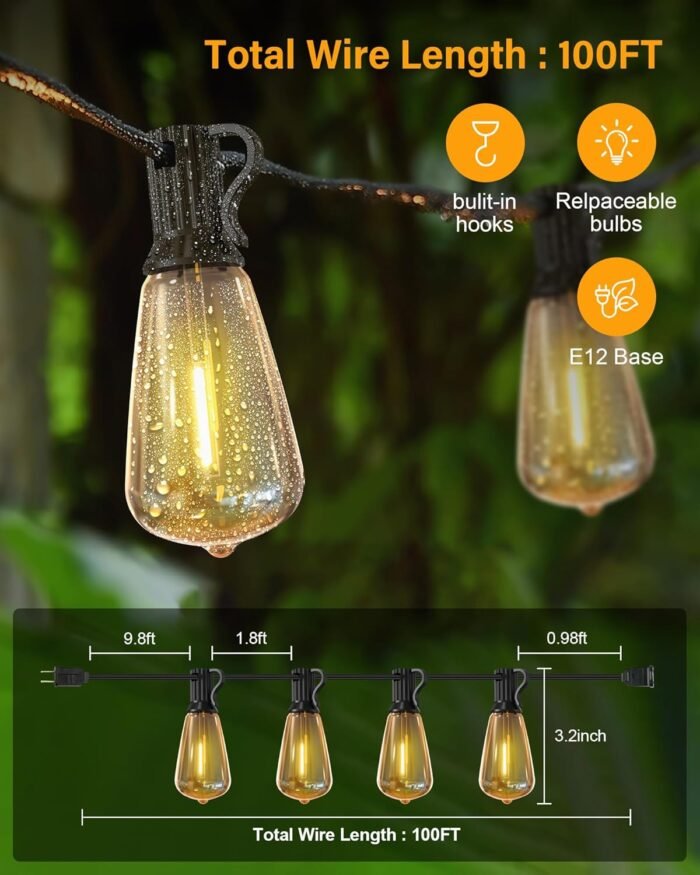Doukegde 100FT LED Outdoor String Lights, 2700K LED Patio Lights Outdoor Waterproof with 50+2 Shatterproof Vintage Bulbs, Plug in Hanging Light for Porch, Backyard, Garden, Gazebo [Non-Solar] - Image 2