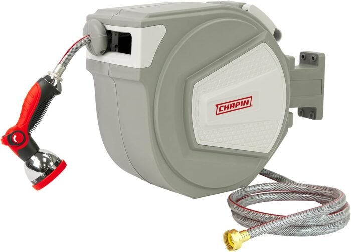 Chapin 5997: 65-feet Retractable Garden Hose Reel, Wall Mounted Heavy-Duty Case and 180° Swivel Frame Mount, Automatic Retract and Locking Hose, with 10 Position Metal Garden Hose Spray Nozzle