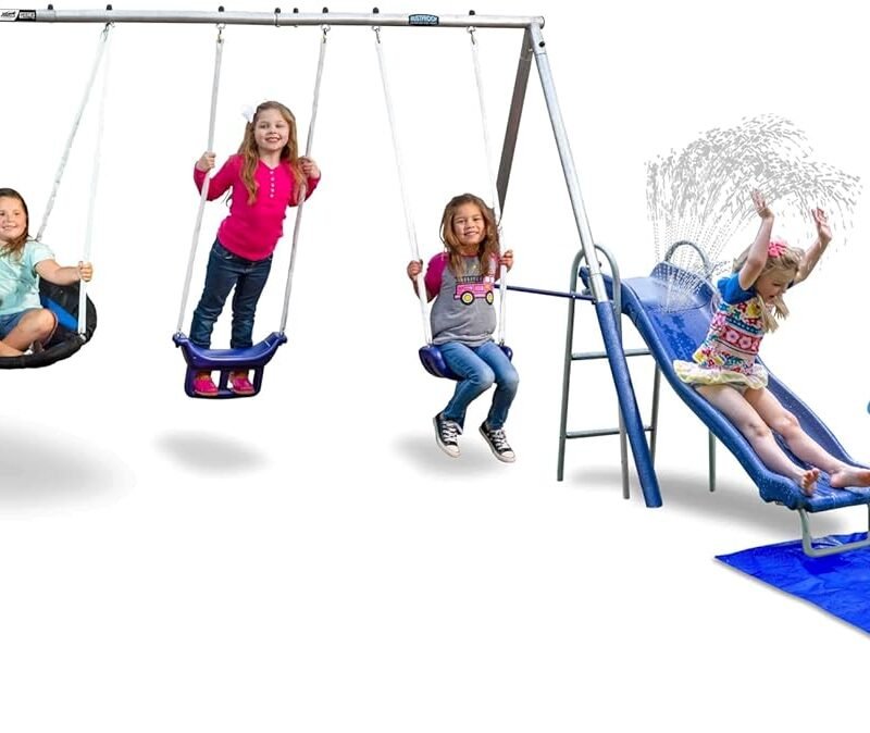Free N’ Swing Plus with 5' Water Slide and Ground Tarp -7 User / 5 Station Metal Backyard Play Swing Set. 168" L x 91" Deep x 74" H, by XDP Recreation