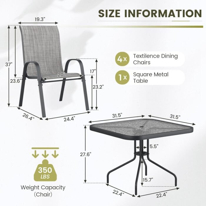 UDPATIO Patio Dining Set for 5, Outdoor Table and Chairs Set with Textured Glass Table, 4 Stackable Patio Chairs, Outdoor Furniture Set for Deck Garden Backyard Lawn Poolside (Light Grey) - Image 2