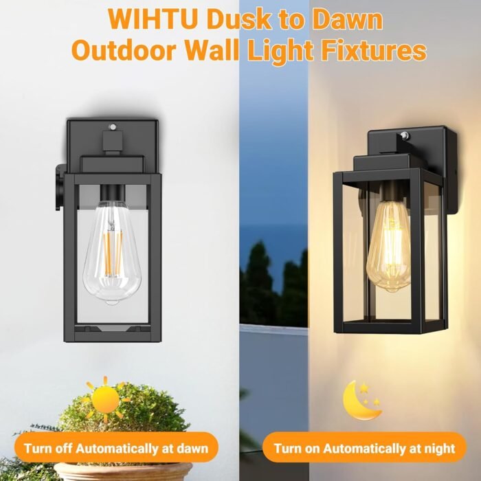 WIHTU Outdoor Wall Light Fixtures, Dusk to Dawn Outdoor Wall Sconce with Outlet, 2-Pack, Porch Sconces Mounted Lighting, Porch Lights with E26, Waterproof Wall Lamps for Patio Front Door - Image 3