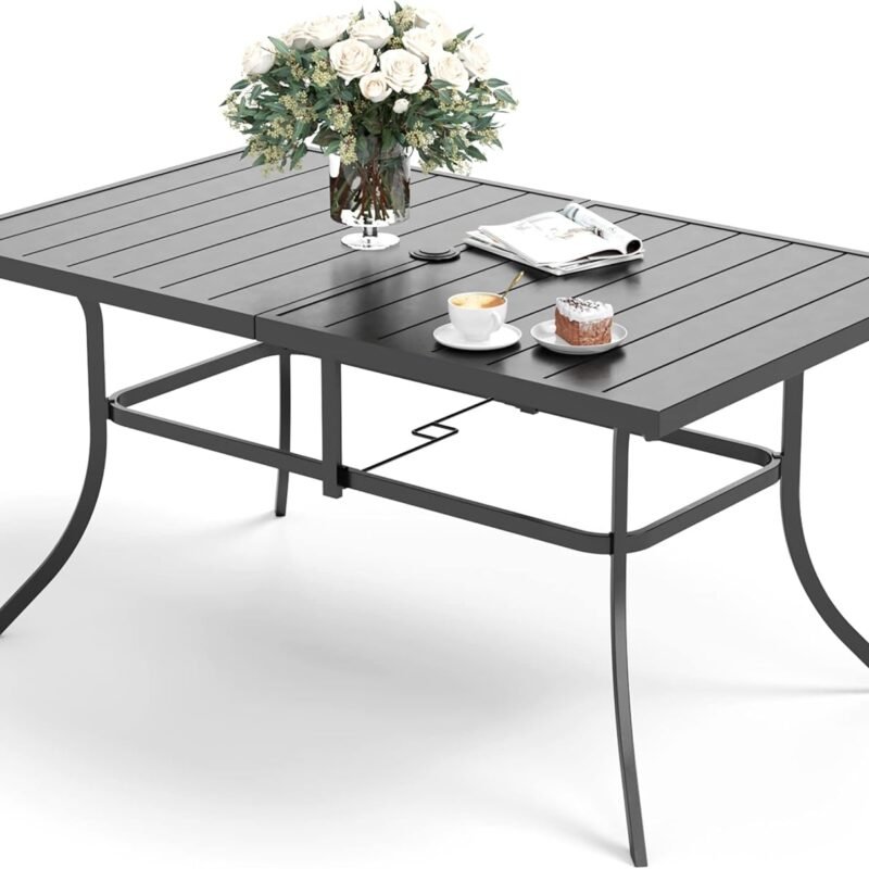 60" Patio Dining Table for 6, Rectangle Patio Table with Umbrella Hole,E-Coating and Powder Coating Steel Frame Metal Outdoor Patio Table for Garden Backyard Lawn Yard