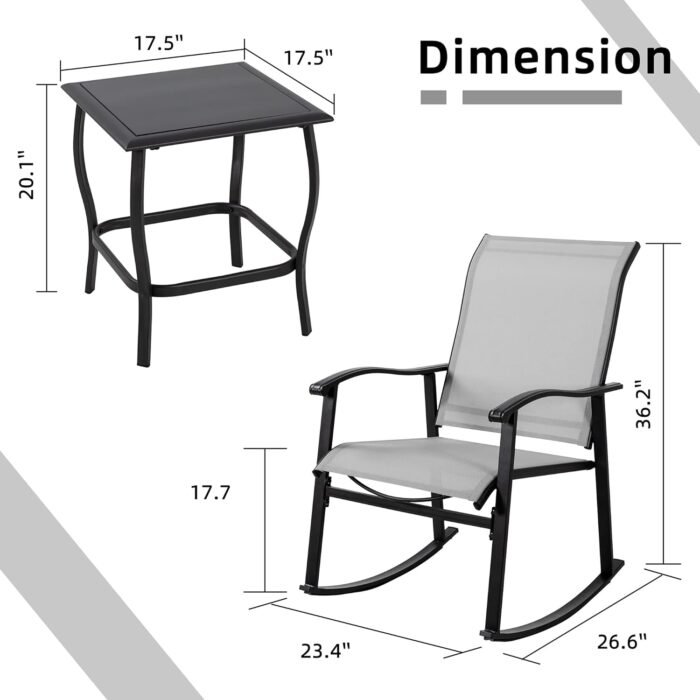 Vongrasig 3 Piece Outdoor Rocking Bistro Set, Textilene Fabric Small Patio Furniture Set, Front Porch Rocker Chairs Conversation Set with Glass Table for Lawn, Garden, Balcony, Poolside (Light Gray) - Image 6