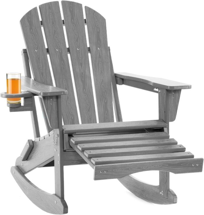 Adjustable Adirondack Rocking Chair with Retractable Ottoman, 4-in-1 Multifunctional Folding Patio Chair with Cup Holder, Outdoor Chair Wood Texture for Lawn, Porch, Backyard, Pool(Grey) - Image 9