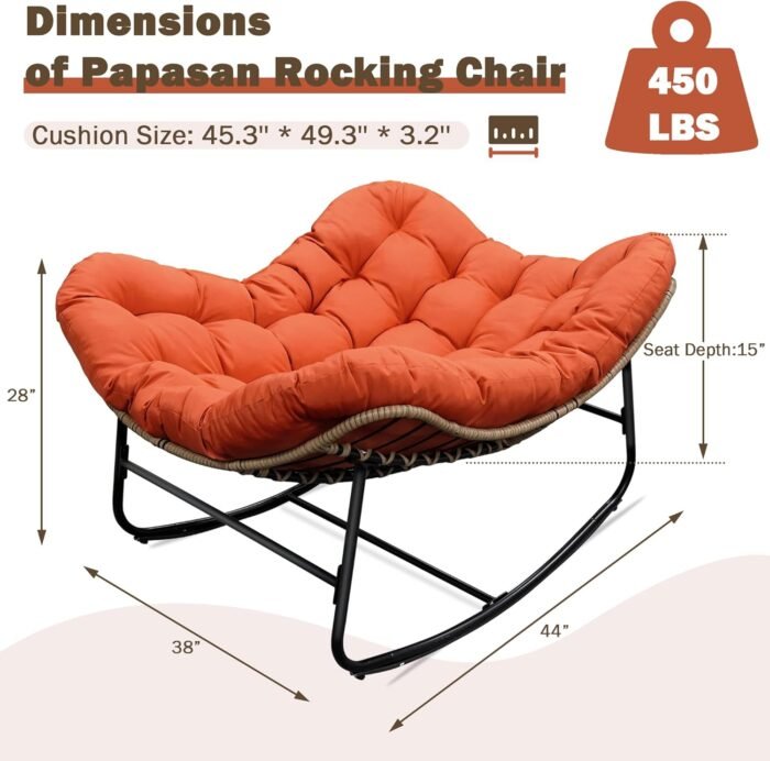 Papasan Rocking Chair, Oversized Patio Papasan Chairs Indoor with Cushion & Pillow, Egg-Shaped Rocking Chair Outdoor, All-Weather Wicker Rocker for Garden, Deck, Living Room, Red - Image 2