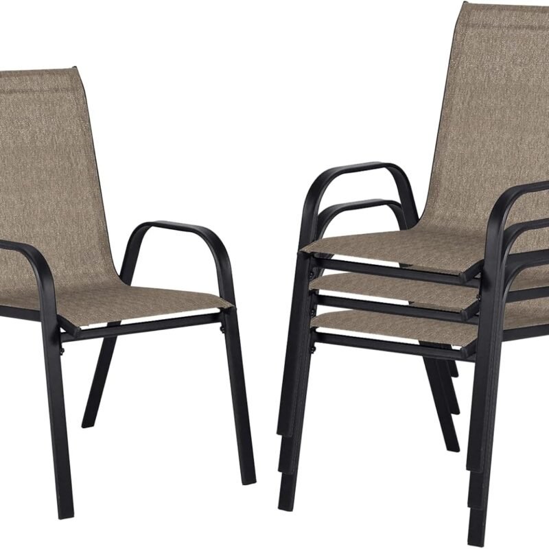 Stackable Patio Chairs Set of 4, Outdoor Dining Chairs, Outdoor Patio Dining Sets with Cooling Fabric, for Lawn, Porch, Pool, Garden, Brown