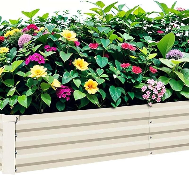 Raised Garden Bed Beige, 6x3x1ft Galvanized Raised Garden Bed Outdoor Metal for Gardening Vegetables Flower Garden Planter Box Large Raised Bed with Gloves and 3ftx30ft Weed Barrier Fabric