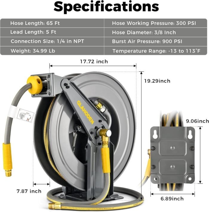 Double Arm Retractable Air Hose Reel, 3/8 in × 65 ft Hybrid Hose Heavy Duty Steel Professional Air Compressor Hose Reel with 5 ft Lead in Max 300PSI Auto Rewind Quick Coupler Swivel Fitting - Image 2