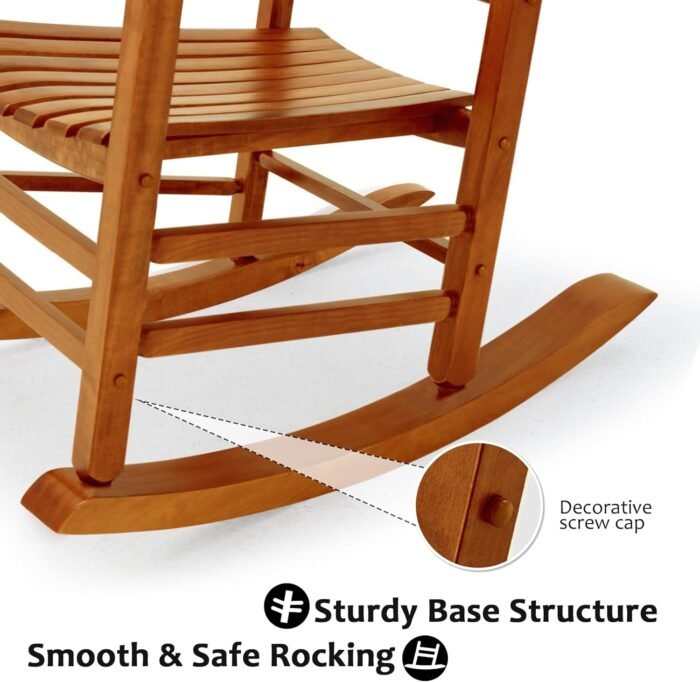 Wooden Oversized Porch Rocker Chair with High Back and Armrest, All Weather Slatted Rocker for Backyard, Garden, 400 lbs Support, Natural - Image 5