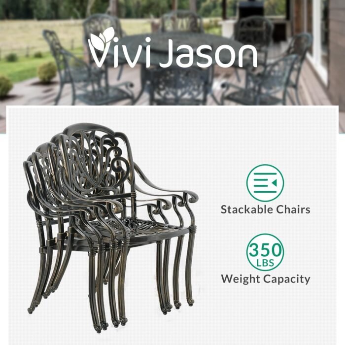 VIVIJASON 9-Piece Patio Furniture Dining Set, Rust-Free Cast Aluminum Outdoor Conversation Set, Include 8 Cushioned Chairs & 61" Round Dining Table with 31" Lazy Susan, Umbrella Hole, Khaki - Image 5