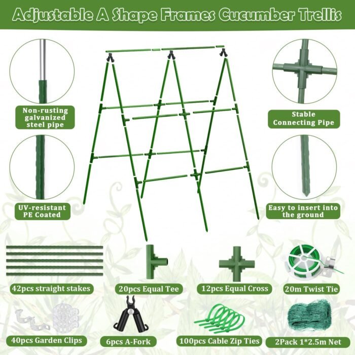 2 Packs Cucumber Trellis for Raised Beds, 31 X 47 Inch Adjustable Size A-Frame Garden Trellis for Climbing Plant Outdoors with Climbing Net and Plant Support Clip for Vegetable Grape Garden Supplies - Image 2