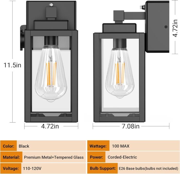 WIHTU Outdoor Wall Light Fixtures, Dusk to Dawn Outdoor Wall Sconce with Outlet, 2-Pack, Porch Sconces Mounted Lighting, Porch Lights with E26, Waterproof Wall Lamps for Patio Front Door - Image 5