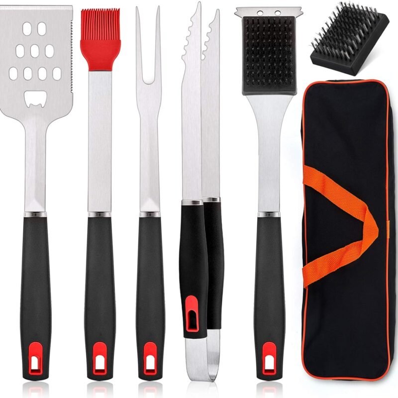 HaSteeL BBQ Grill Accessories Set of 7, Stainless Steel Grilling Tools Set with Storage Bag, Heavy Duty Grill Spatula, Tong, Fork, Basting Brush, Cleaning Brush, Dishwasher Safe & Man’s Gift