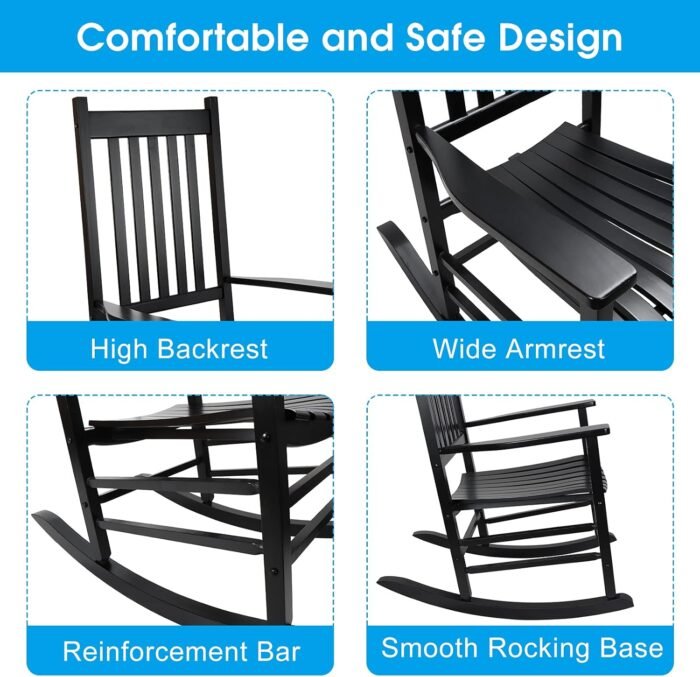 Patio Rocking Chair, Outdoor Rocking Chair, Wood Porch Rocker, Wooden Rocking Chair for Adult for Garden, Lawn, Balcony, Backyard and Patio (1 Black) - Image 5