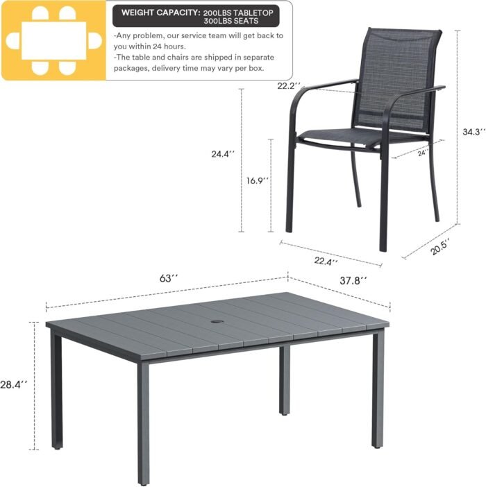 VICLLAX Patio Dining Set for 6, Outdoor Furniture Set Includes 63" Rectangle Patio Table and 6 Patio Sling Chairs, Outdoor Table and Chairs for Outsides, Grey Tabletop and Dark Grey Fabric - Image 7