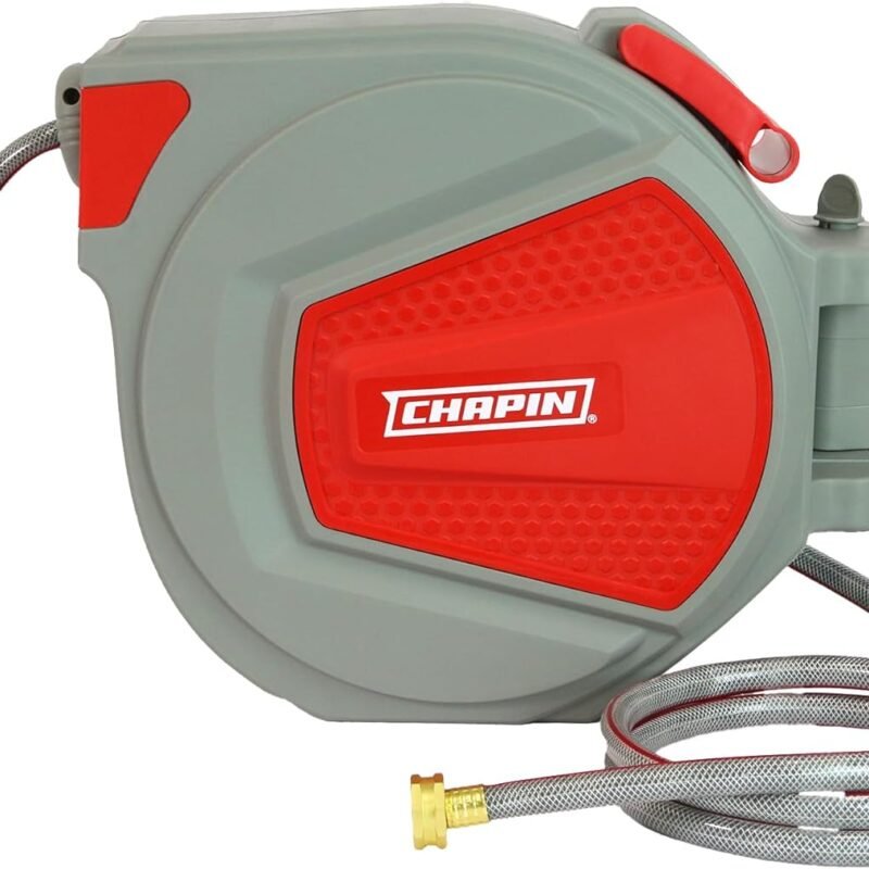 Chapin 5999: 65 ft. Retractable Garden Hose Reel, Wall Mounted Heavy-Duty Case and 180° Swivel Frame Mount, Auto Retract and Locking Hose, w/ 10 Position Metal Garden Hose Spray Nozzle