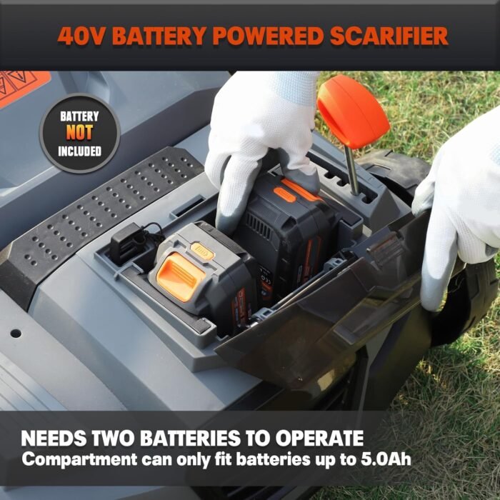 40V 15" 2-in-1 Cordless Electric Dethatcher & Scarifier Compatible with Dewalt 20V MAX Battery(Tool Only), w/12Gal Thatch Collection Bag, 5-Depth Adjustment, Quick-Fold, Walk Behind for Lawn Care - Image 2