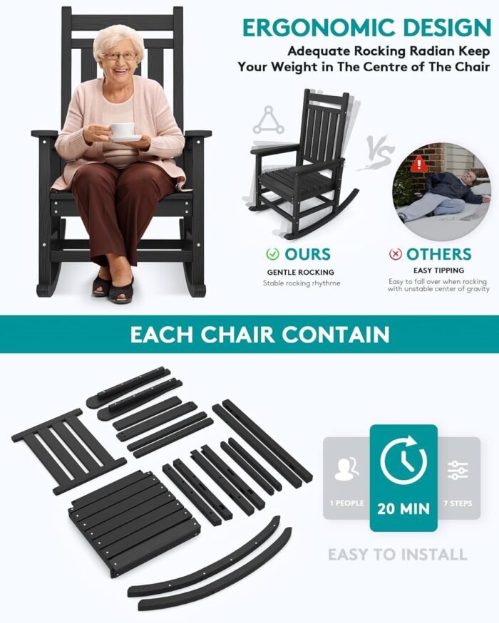 SERWALL Oversized Rocking Chair, Outdoor Rocking Chair for Adults, All Weather Resistant Porch Rocker for Lawn Garden, Black - Image 4