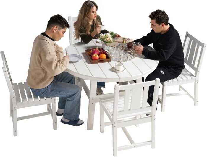 AMERLIFE 5 Piece HDPE Outdoor Dining Tables and Chairs, All-Weather Patio Outdoor Furniture with Umbrella Hole, Round Table for Garden, Backyard, Seaside, White - Image 8