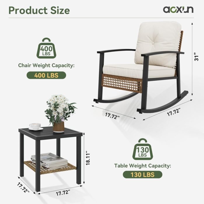 Aoxun 3-Piece Outdoor Rocking Bistro Set, Patio Furniture Set with Coffee Table and Thick Cushions, Wicker Rocking Chairs Set of 2 for Garden, Balcony, Backyard, Poolside (Beige) - Image 6