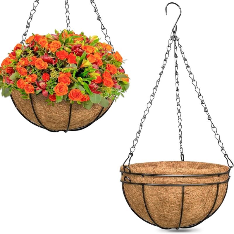 ZeeDix Hanging Baskets for Plants Outdoor-3 Pack 12 Inch Hanging Planters with Coconut Liners, Metal Round Hanging Planter for Flowers Vegetables