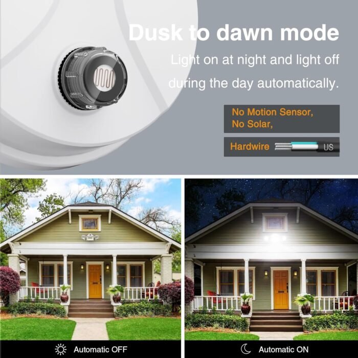 Onforu 60W LED Dusk to Dawn Outdoor Lighting, 2 Packs 6000LM Exterior Flood Lights, IP65 Waterproof Outdoor 3 Adjustable Heads Photocell Lights Fixture, 6500K Daylight White Floodlights - Image 2
