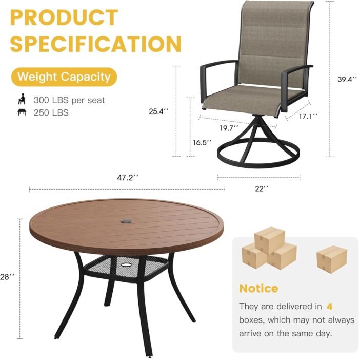 VICLLAX 7 Pieces Patio Dining Set for 6, All Weather Outdoor Furniture - 47.2" Round Patio Table and Swivel Chairs for Lawn Garden, Walnut Tabletop and Mixed Brown Fabric - Image 7
