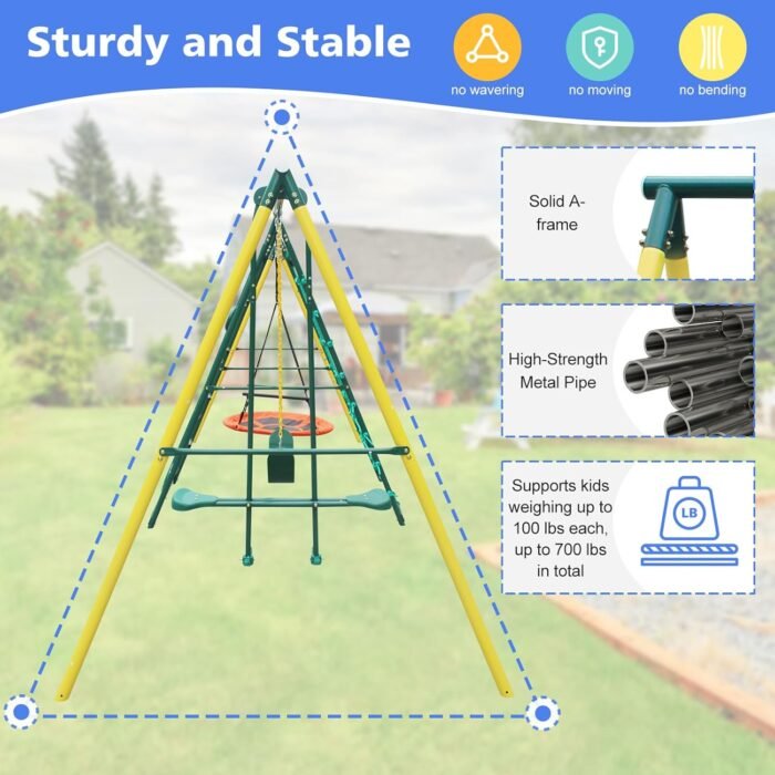 Metal Swing Sets for Backyard for Kids 3-12, 6 in 1 Swing Sets, Heavy-Duty Playground Backyard Set with 2 Swings, Glider, Climbing Ladder and Rope - Image 3