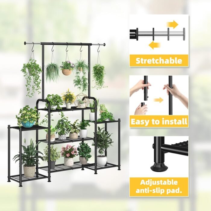 Simple Trending Plant Stand Indoor Outdoor, Metal 3 Tier Tall Hanging Plant Shelf for Multiple Flower Planter Large Heavy Duty Ladder Plant Holder for Garden, Black - Image 7