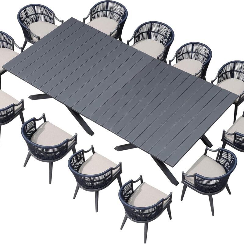 PURPLE LEAF 14 Pieces Outdoor Dining Set All Weather Wicker Patio Dining Set with Rectangular Aluminum Table and Modern Armrest Dining Chairs for Garden Deck Backyard Kitchen, Grey