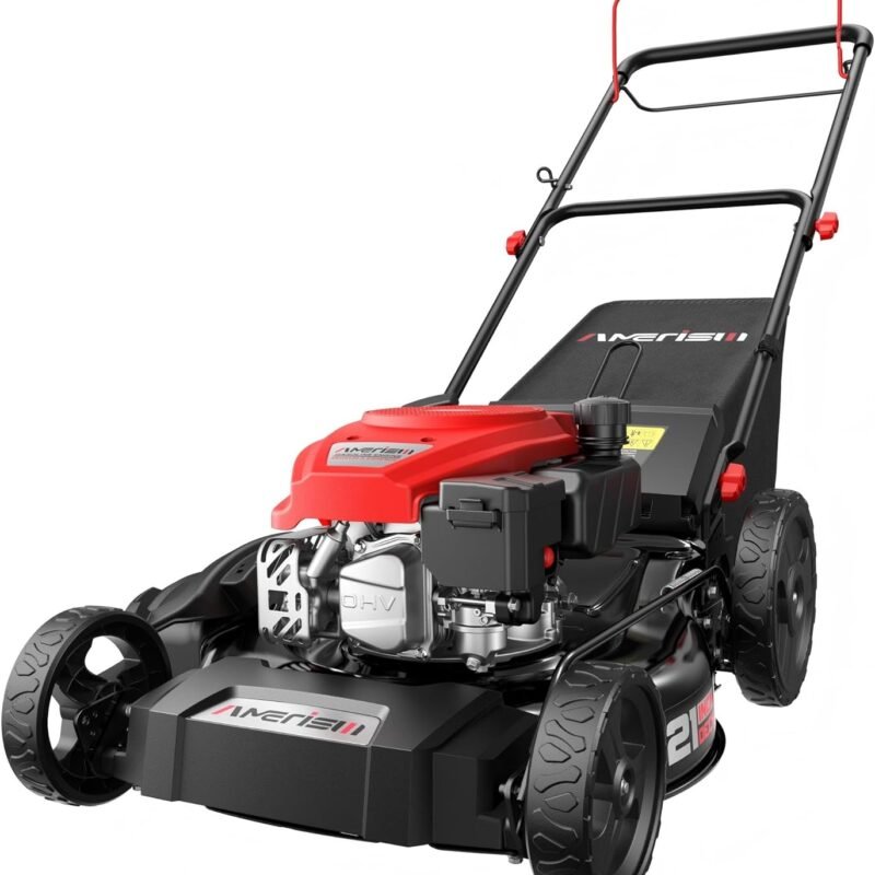 21" Gas Push Lawn Mower, Rugged Steel Deck, 3-in-1 Versatile Mower, 144cc OHV Engine, 6-Level Height Adjustment, Large Grass Collector, Easy Maneuverability for Home & Garden