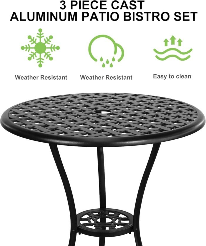3 Piece Outdoor Bistro Set,All Weather Cast Aluminum Patio Table and Chairs Set of 2 with 1.97" Umbrella Hole,Outdoor Dining Set Patio Bistro Set for Garden,Porch,Balcony,Black - Image 3
